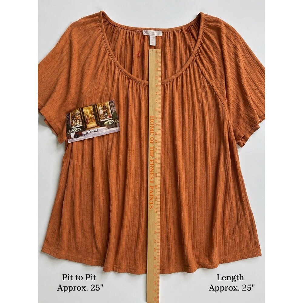 Lauren Conrad Women's 1X Rust Orange Textured Knit Peasant Top Boho Short Sleeve